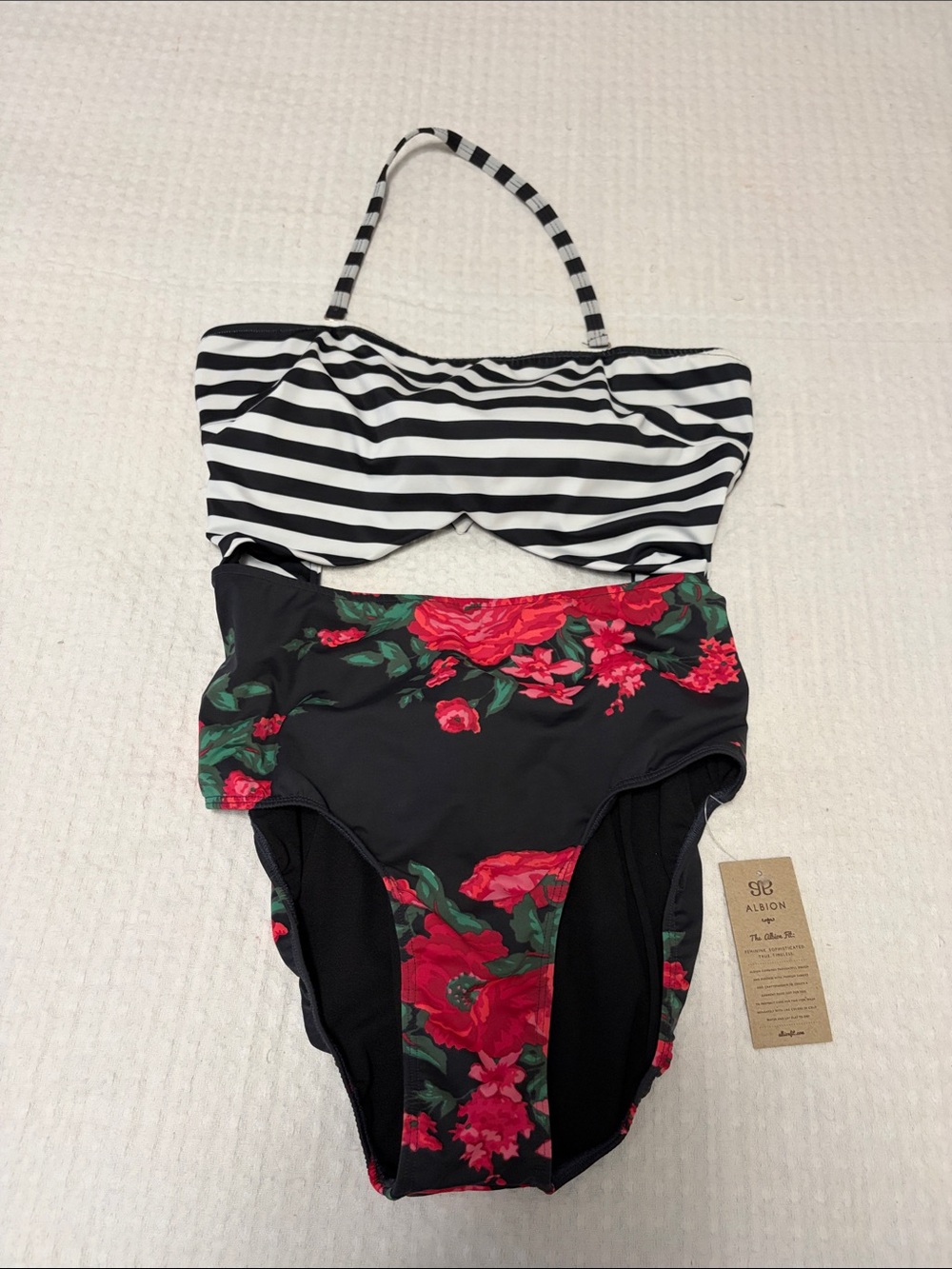 Albion Fit One-Piece Swimsuit Black and White Striped Top Floral Bottom Size XL